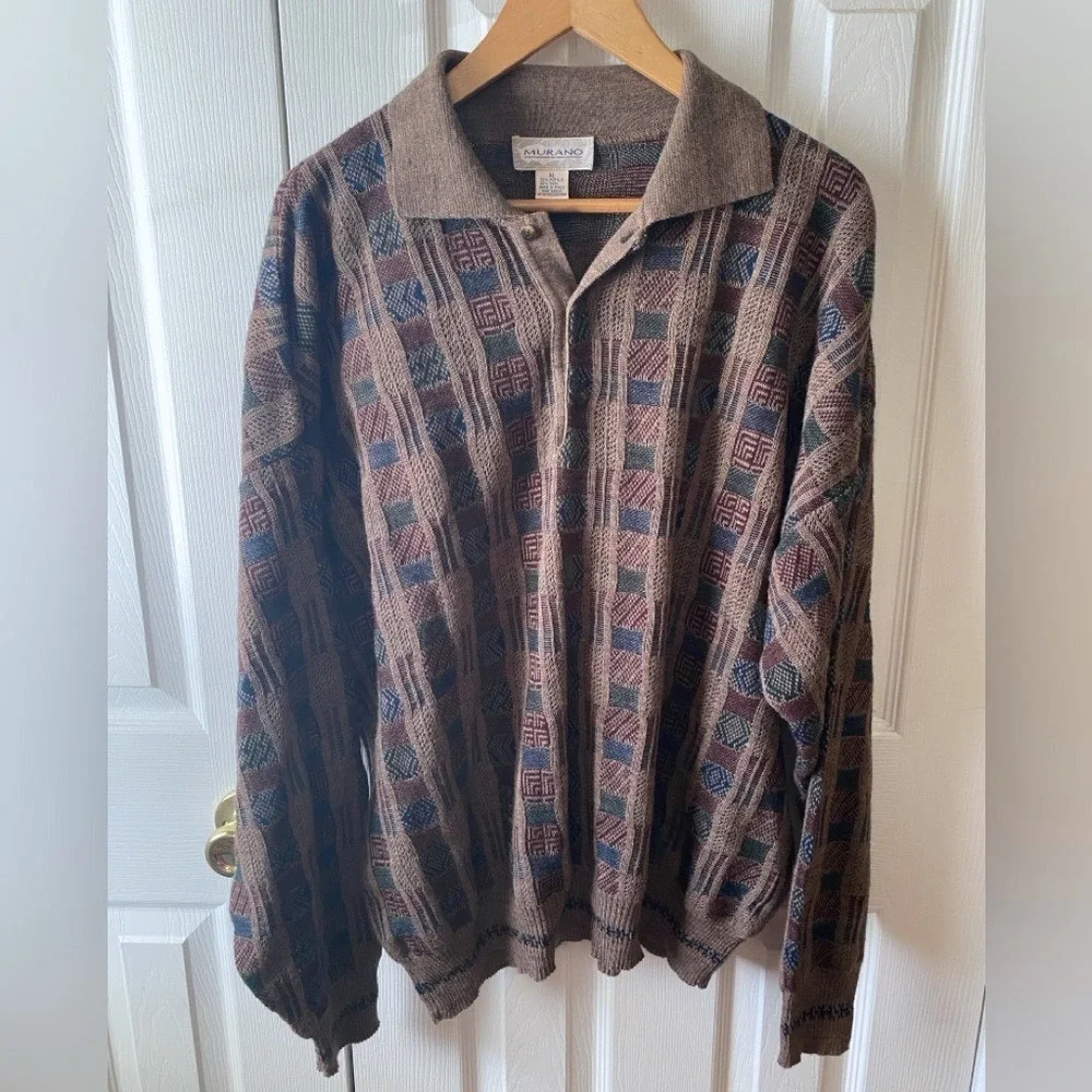 VINTAGE MURANO Brown Wool Blend 3D Knit Collared Grandpa Sweater SZ XL